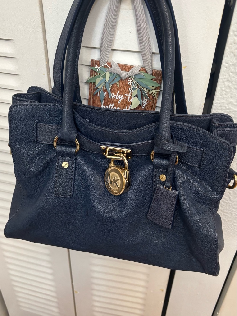 Michael Kors Dark Blue Leather Satchel with Gold-Tone Accent